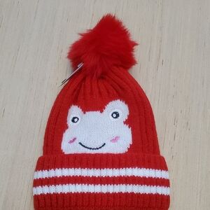 Red Kids Pom-Pom Hat with Cute Face Design